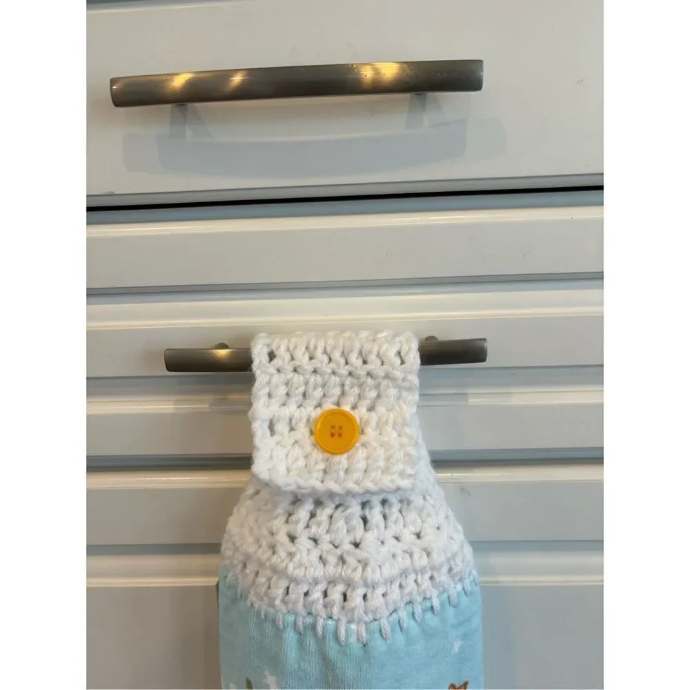 Crochet Top Kitchen Towel-Spring bunny with flowers